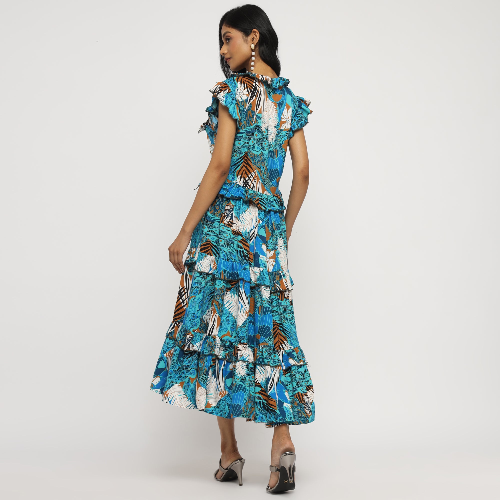 Ruffle Tropical Tiered Midi Dress